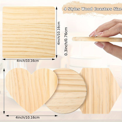 72pcs Unfinished Wood Coasters - 4 Inch Wooden Coasters for Crafts with Non Slip Foam Pad Stickers for DIY Stained Painting Engraving Home Decoration