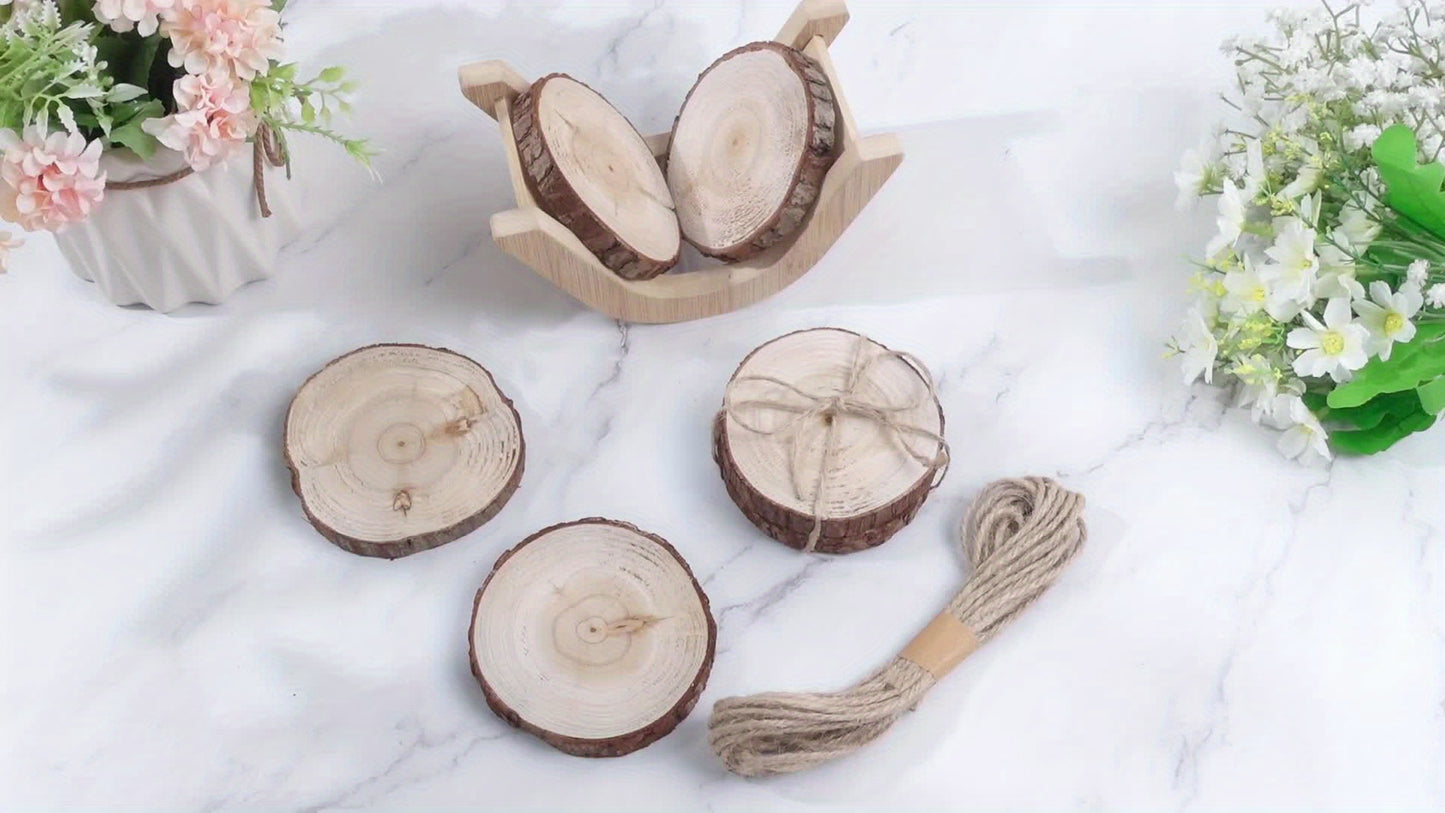 Housewarming Gifts For Home Decoration 3.15-4 Inch Wooden Slices Coasters With Bark Set Of 6 Wood Circles Coasters With Holder For Christmas Craft Farmhouse Gifts Family Table