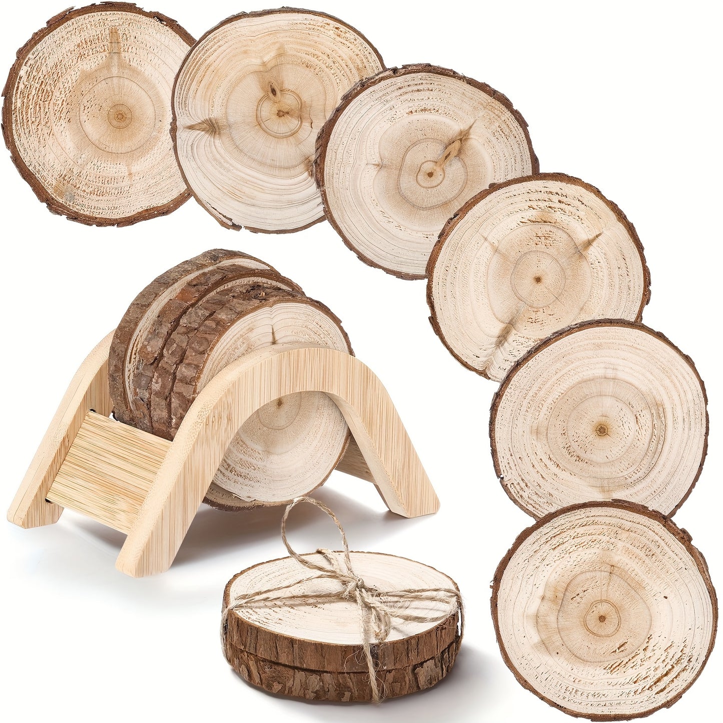 Housewarming Gifts For Home Decoration 3.15-4 Inch Wooden Slices Coasters With Bark Set Of 6 Wood Circles Coasters With Holder For Christmas Craft Farmhouse Gifts Family Table