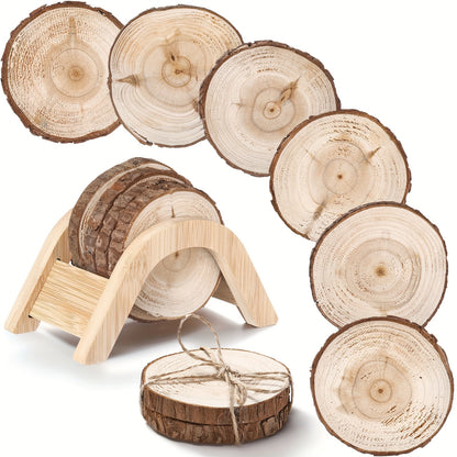Housewarming Gifts For Home Decoration 3.15-4 Inch Wooden Slices Coasters With Bark Set Of 6 Wood Circles Coasters With Holder For Christmas Craft Farmhouse Gifts Family Table