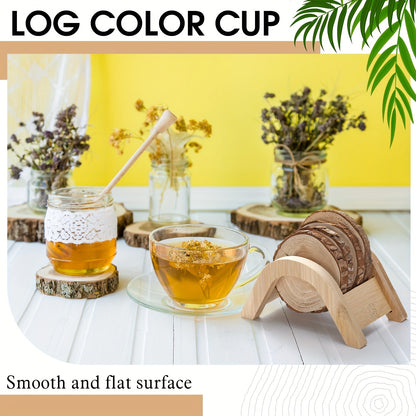 Housewarming Gifts For Home Decoration 3.15-4 Inch Wooden Slices Coasters With Bark Set Of 6 Wood Circles Coasters With Holder For Christmas Craft Farmhouse Gifts Family Table