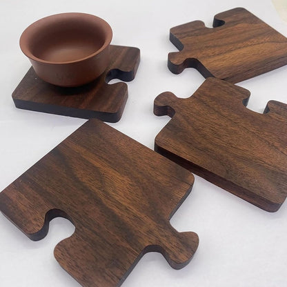 Premium Black Walnut Wooden Puzzle Coasters, Set of 4 Natural Wood Log Tea Coaster with Brio Wax Finish Plate Mat Wooden Coffee Mat Table Placemats Tools Protection for Any Table Type