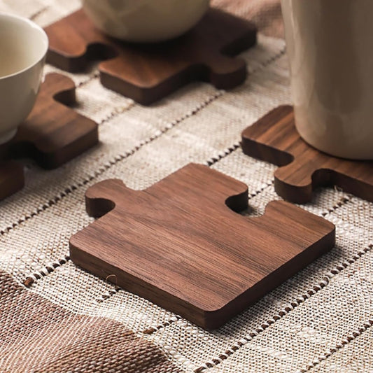 Premium Black Walnut Wooden Puzzle Coasters, Set of 4 Natural Wood Log Tea Coaster with Brio Wax Finish Plate Mat Wooden Coffee Mat Table Placemats Tools Protection for Any Table Type