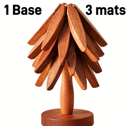 1 Set Wooden Tree-Shaped Trivet Set with 3 Detachable Coasters and Base, Creative Non-Slip Heat-Resistant Pads for Kitchen Accessories, Teapot and Drink Holder - Natural and Walnut Wood Finish (1pc)