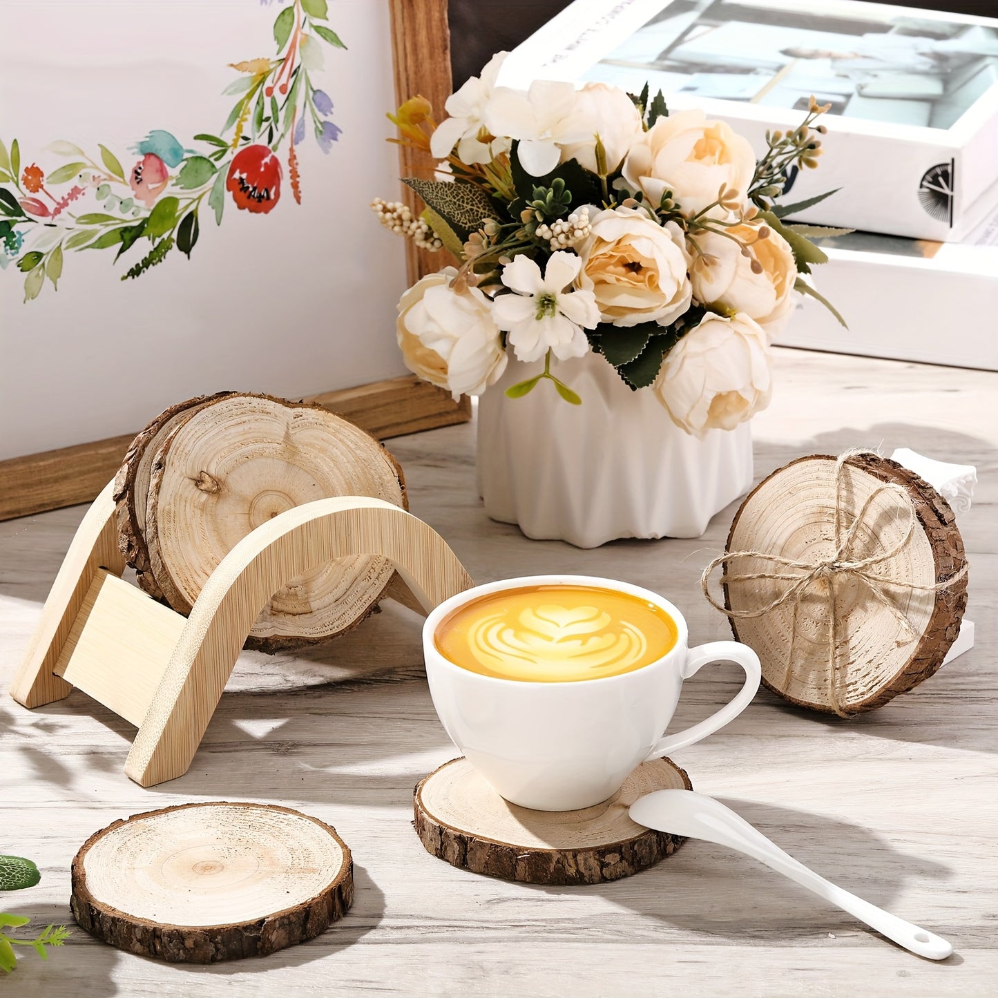Housewarming Gifts For Home Decoration 3.15-4 Inch Wooden Slices Coasters With Bark Set Of 6 Wood Circles Coasters With Holder For Christmas Craft Farmhouse Gifts Family Table