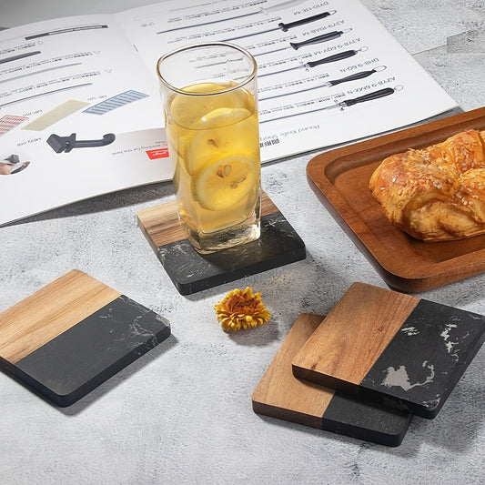 4pcs\u002F1 Set Of Vintage Wooden Marble Insulated Coasters, Solid Wood Tea Coasters, Household Square Tea Trays Insulated Mats, Solid Wood Mats, Suitable for Home Decoration, Restaurants, Cafes, Offices, Friends' Gifts