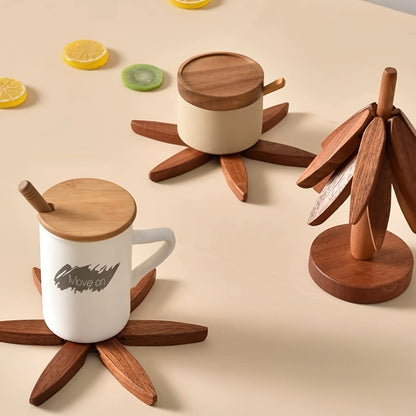 1 Set Wooden Tree-Shaped Trivet Set with 3 Detachable Coasters and Base, Creative Non-Slip Heat-Resistant Pads for Kitchen Accessories, Teapot and Drink Holder - Natural and Walnut Wood Finish (1pc)