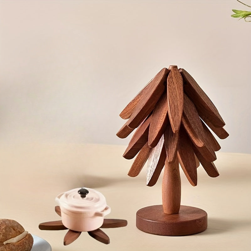1 Set Wooden Tree-Shaped Trivet Set with 3 Detachable Coasters and Base, Creative Non-Slip Heat-Resistant Pads for Kitchen Accessories, Teapot and Drink Holder - Natural and Walnut Wood Finish (1pc)