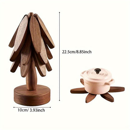 1 Set Wooden Tree-Shaped Trivet Set with 3 Detachable Coasters and Base, Creative Non-Slip Heat-Resistant Pads for Kitchen Accessories, Teapot and Drink Holder - Natural and Walnut Wood Finish (1pc)