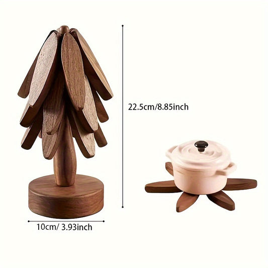 1 Set Wooden Tree-Shaped Trivet Set with 3 Detachable Coasters and Base, Creative Non-Slip Heat-Resistant Pads for Kitchen Accessories, Teapot and Drink Holder - Natural and Walnut Wood Finish (1pc)