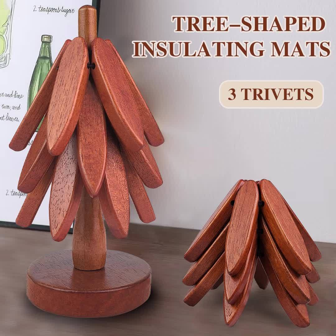 1 Set Wooden Tree-Shaped Trivet Set with 3 Detachable Coasters and Base, Creative Non-Slip Heat-Resistant Pads for Kitchen Accessories, Teapot and Drink Holder - Natural and Walnut Wood Finish (1pc)